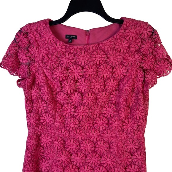 Talbots Size 10 Petite Larosa Pink Lace Crochet Sheath Dress 60's Style Chic - Picture 2 of 12